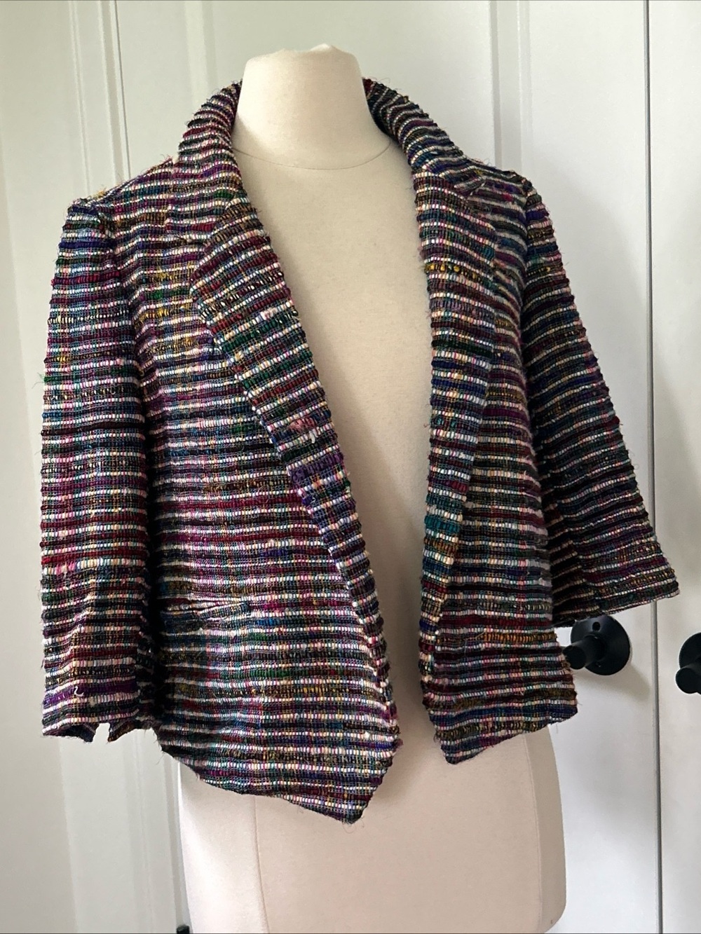 $450 NSF size L Upcycled / Recycled Multicolored Crop Sleeve Open Chindi Jacket